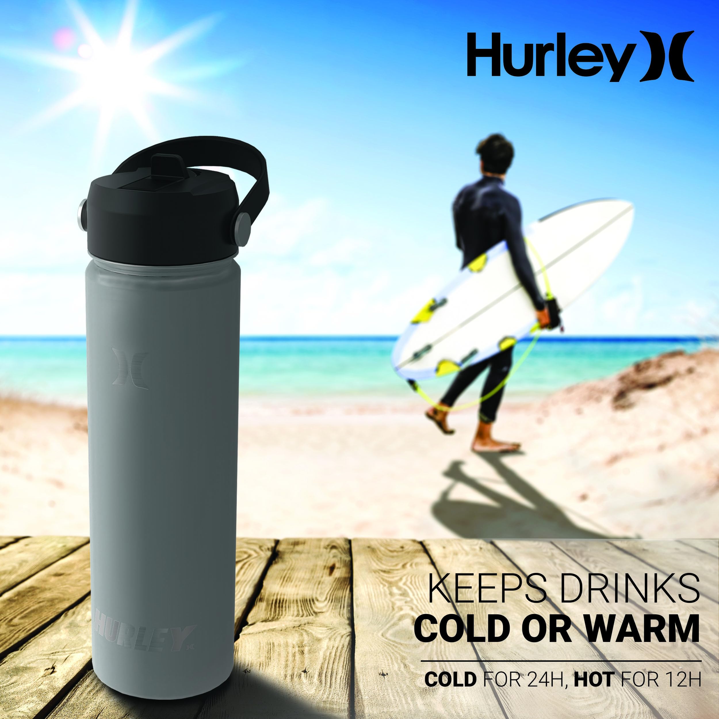 Hurley 20oz Stainless Steel Insulated Water Bottle with Flip Straw Lid - Keeps Drinks Hot/Cold for 24 Hours - Perfect for Gym, Hiking, Travel & Outdoor Activities - BPA Free Silver Vacuum Flask