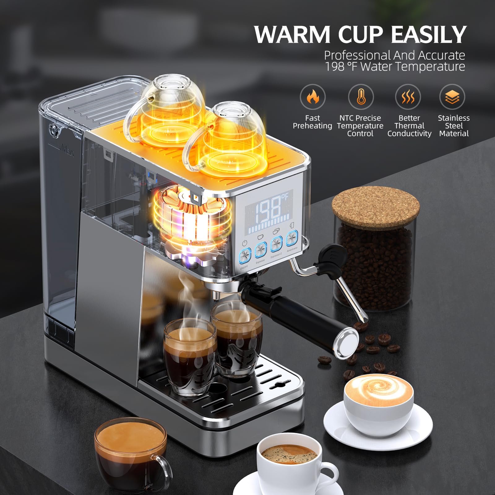 Premium 20Bar Stainless Steel Espresso Machine with Milk Frother - 57.5OZ Removable Water Tank, Time & Temperature Display - Perfect for Cold Brew & Cappuccino at Home or Office - Silver