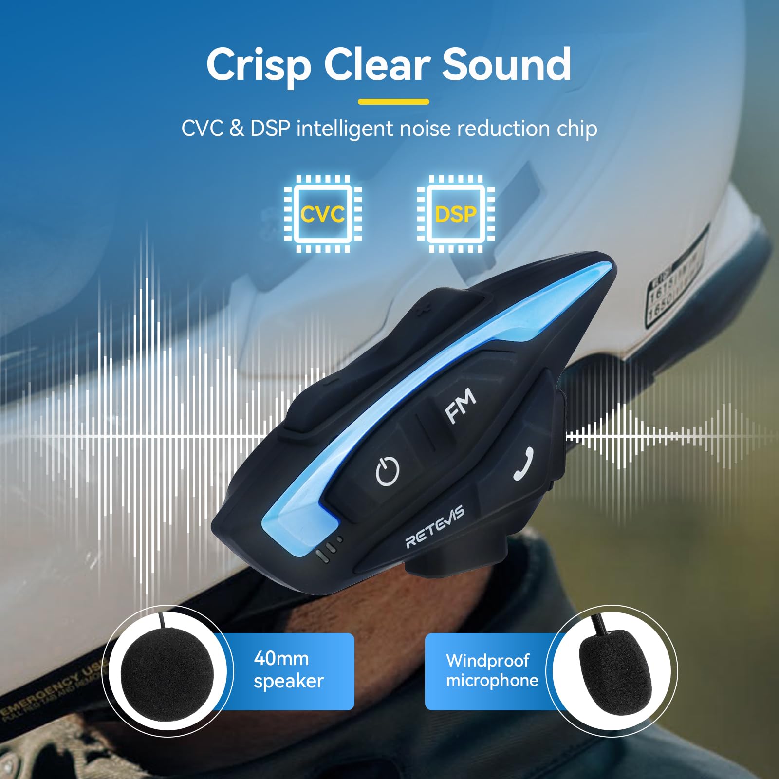Retevis EZTalk 3A Motorcycle Bluetooth Helmet Intercom Headset - 5.1 Wireless Communication System with CVC Noise Cancellation, Music Sharing & IP65 Waterproof for 2 Riders (1000m Range) - Perfect for Group Riding, Road Trips & Adventure Motorcycling