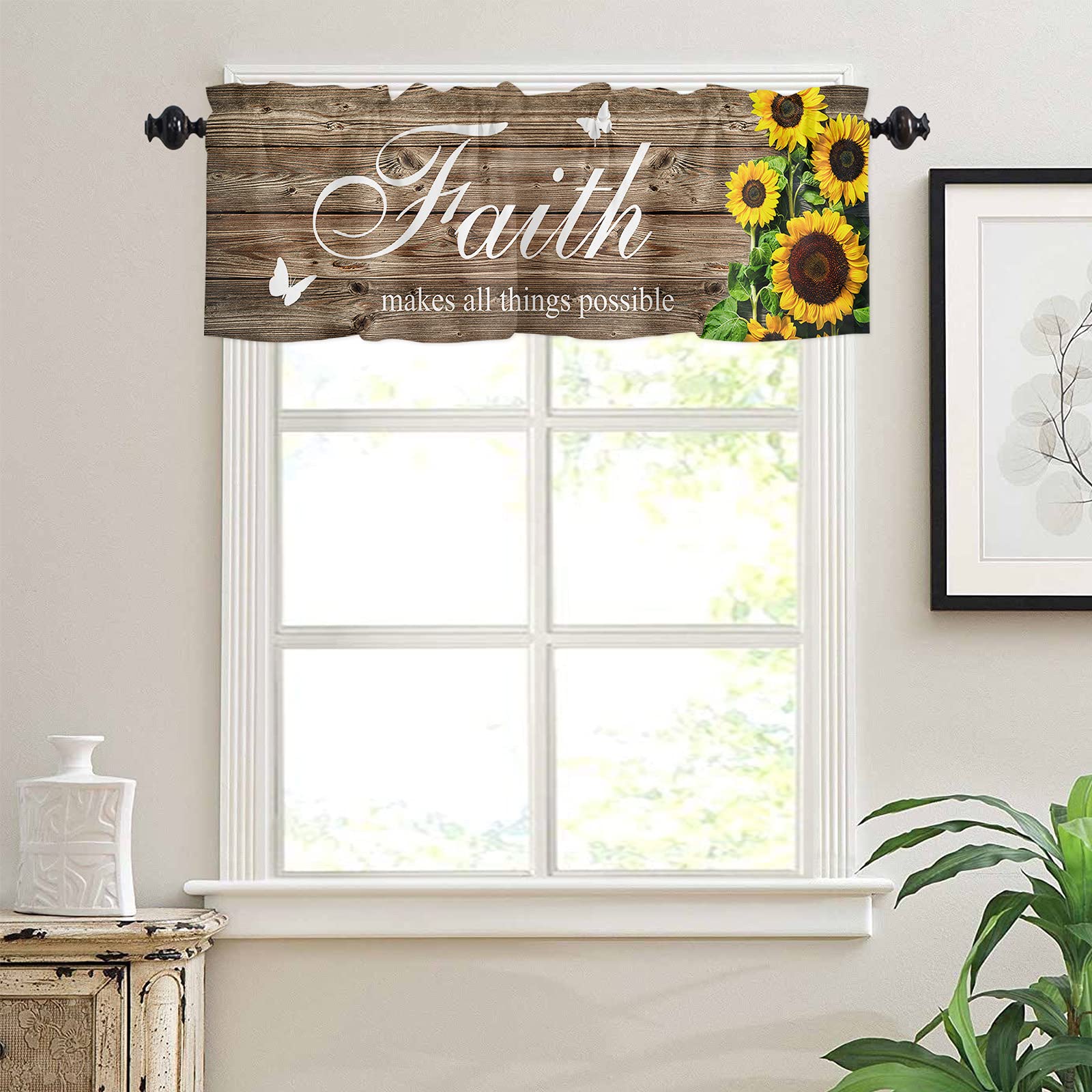 Sunflower Kitchen Curtain Valance - Farmhouse Yellow Rod Pocket Window Valance Panel (54x18 Inch) - Vintage Wood Grain Cafe Curtain Topper for Kitchen, Dining Room & Country Style Home Decor