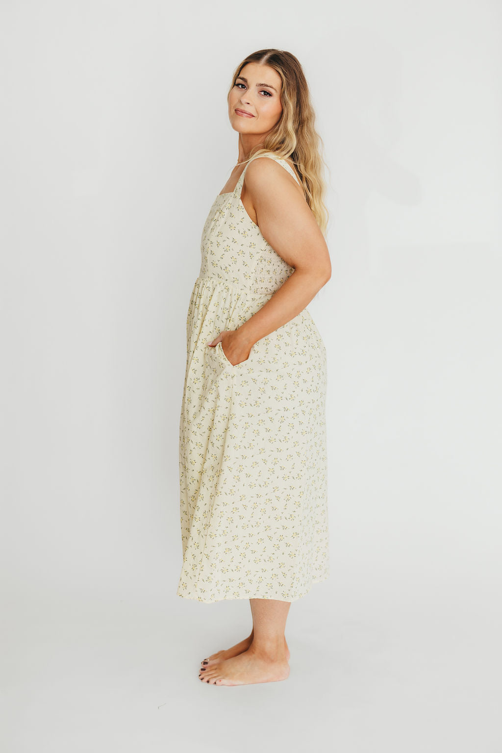 Tinsley 100% Cotton Floral Print Midi Dress - Cream - Women's Summer Casual Dress for Beach, Brunch & Outdoor Events