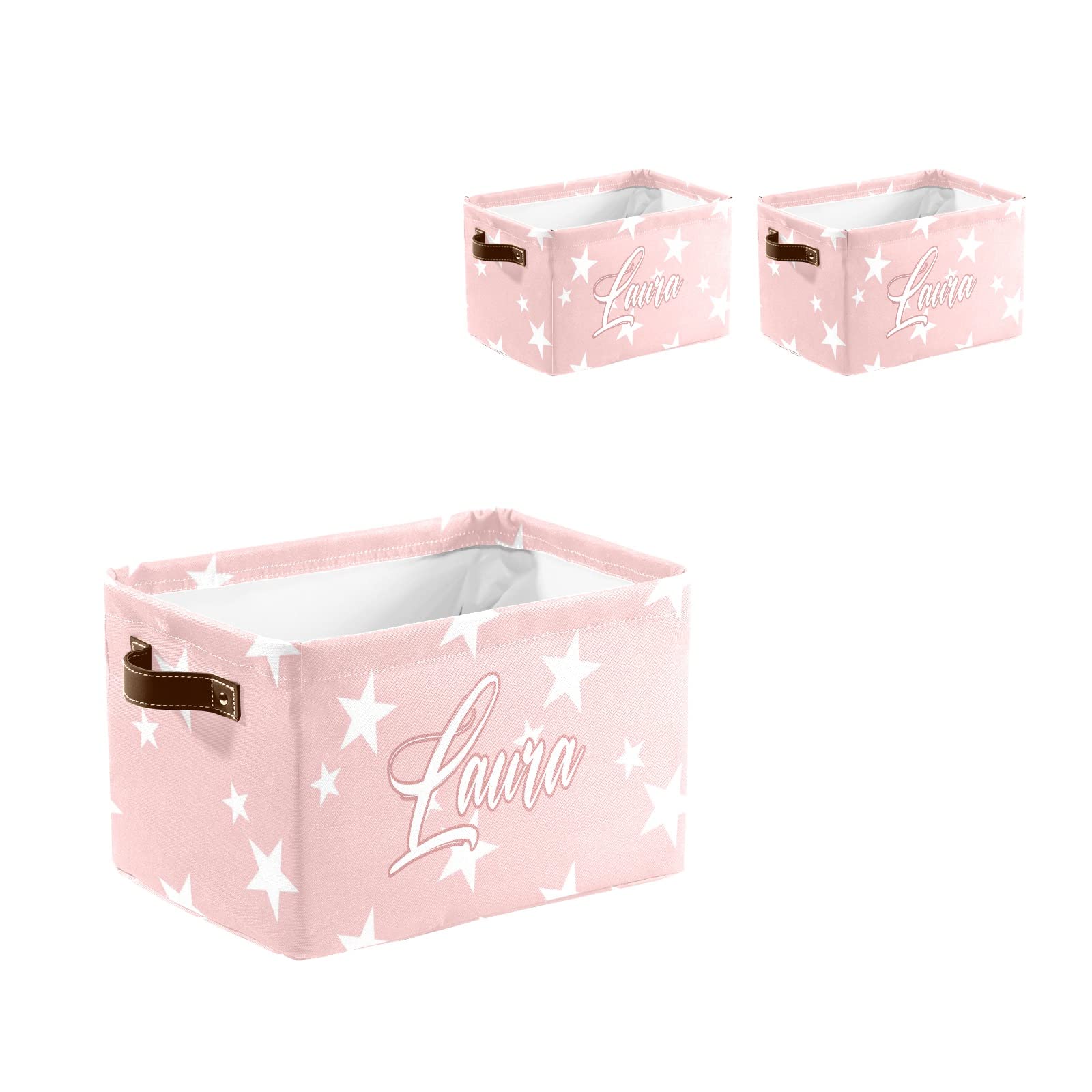 Personalized Pink Star Storage Bins with Handles - Custom Name Closet Organizer Box, 2 Pack - Perfect for Kids Room, Nursery & Closet Organization
