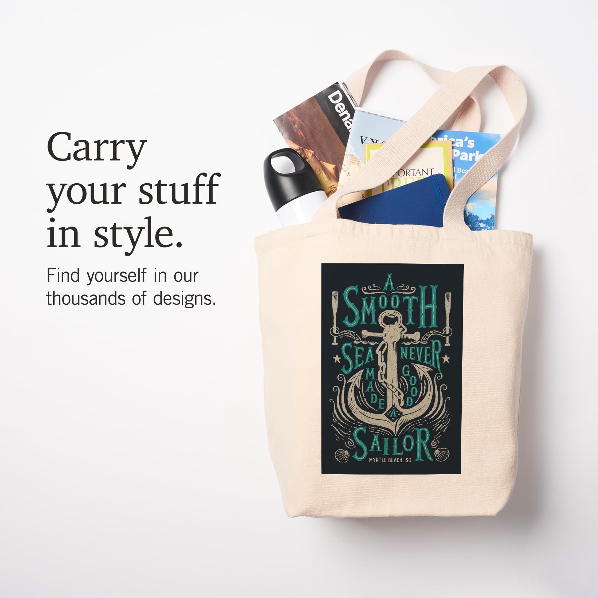 100% Cotton Canvas Reusable Tote Bag - Sailor's Pride Anchor Design with 'A Smooth Sea Never Made A Good Sailor' Quote - Perfect for Beach Trips, Grocery Shopping & Eco-Friendly Lifestyle | Myrtle Beach South Carolina Inspired