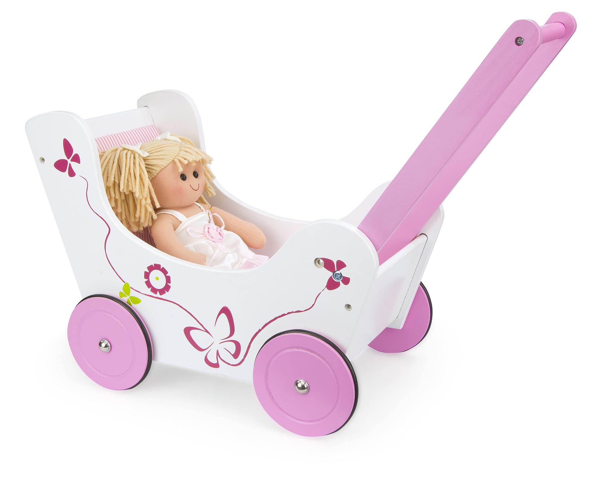 Leomark White & Pink Wooden Doll Stroller with Soft Doll - Baby Walker Toy, First Steps Support for Toddlers - Perfect for Pretend Play, Role Play & Early Childhood Development