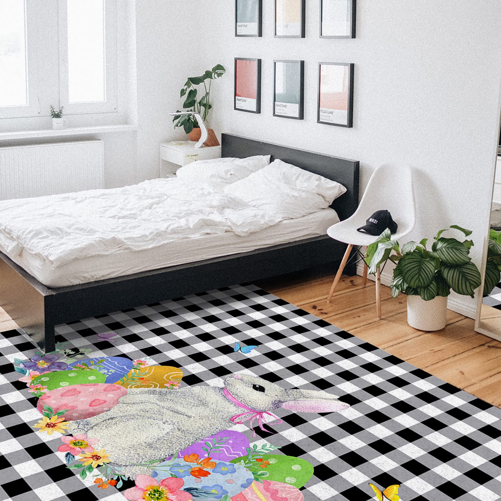 Non-Shedding Thick Area Rug Pad - 60x96 Inch Black and White Buffalo Plaid Floor Mat for Living Room, Bedroom, Kitchen - Easter Bunny Eggs Flower Design - Home Carpet Protection for Hardwood Floors & High Traffic Areas
