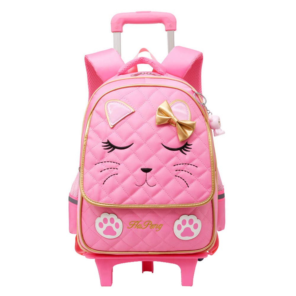 Cute Cat Face Rolling Backpack for Girls - Pink Trolley School Bag with Wheels & Bowknot Design | Kids Travel Luggage & Carry-On for School, Trips & Daily Use