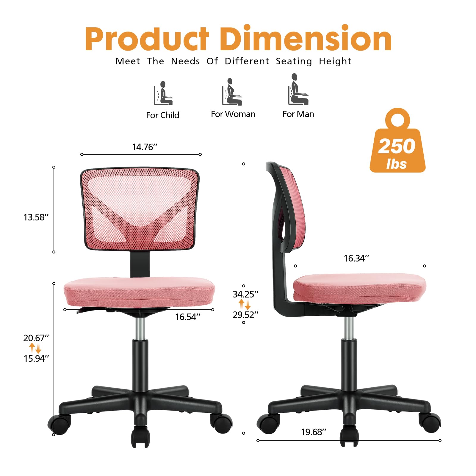 NEWBULIG Small Office Chair Armless with Wheels - Swivel Desk Chair with Lumbar Support & Height Adjustable - Ergonomic Computer Chair for Home Office, Study Room, Vanity & Small Spaces