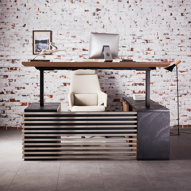 Premium Electric Height Adjustable Sit Stand Desk with Left Return - 1.8M Warm Oak & Black Finish | Home Office & Workspace Ergonomic Standing Desk Solution