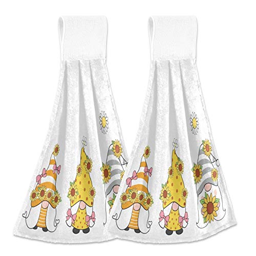 Sunflower Gnomes Kitchen Towels - 2PCS Soft Super Absorbent Hand Towels with Loops (12x17 In) for Bathroom, Washroom, Guestroom & Hotel - Perfect for Spring Summer Decor, Kids Room & Farmhouse Kitchen