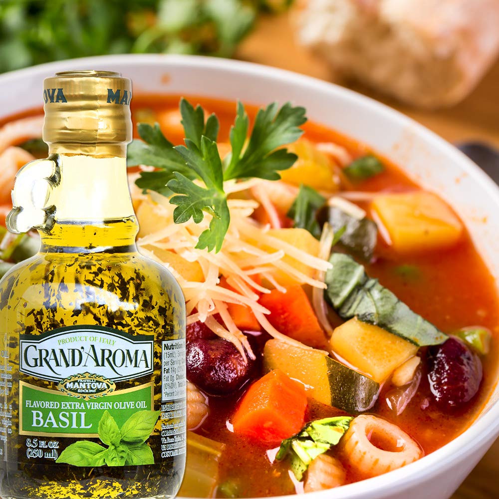 Mantova Grand'Aroma Basil Flavored Extra Virgin Olive Oil - Cold-Pressed 100% Natural Italian EVOO - Heart-Healthy Cooking Oil for Salad Dressing, Pasta, Garlic Bread & Meats - Perfect for Mediterranean Cuisine & Home Cooking - 8.5 oz (Pack of 2)