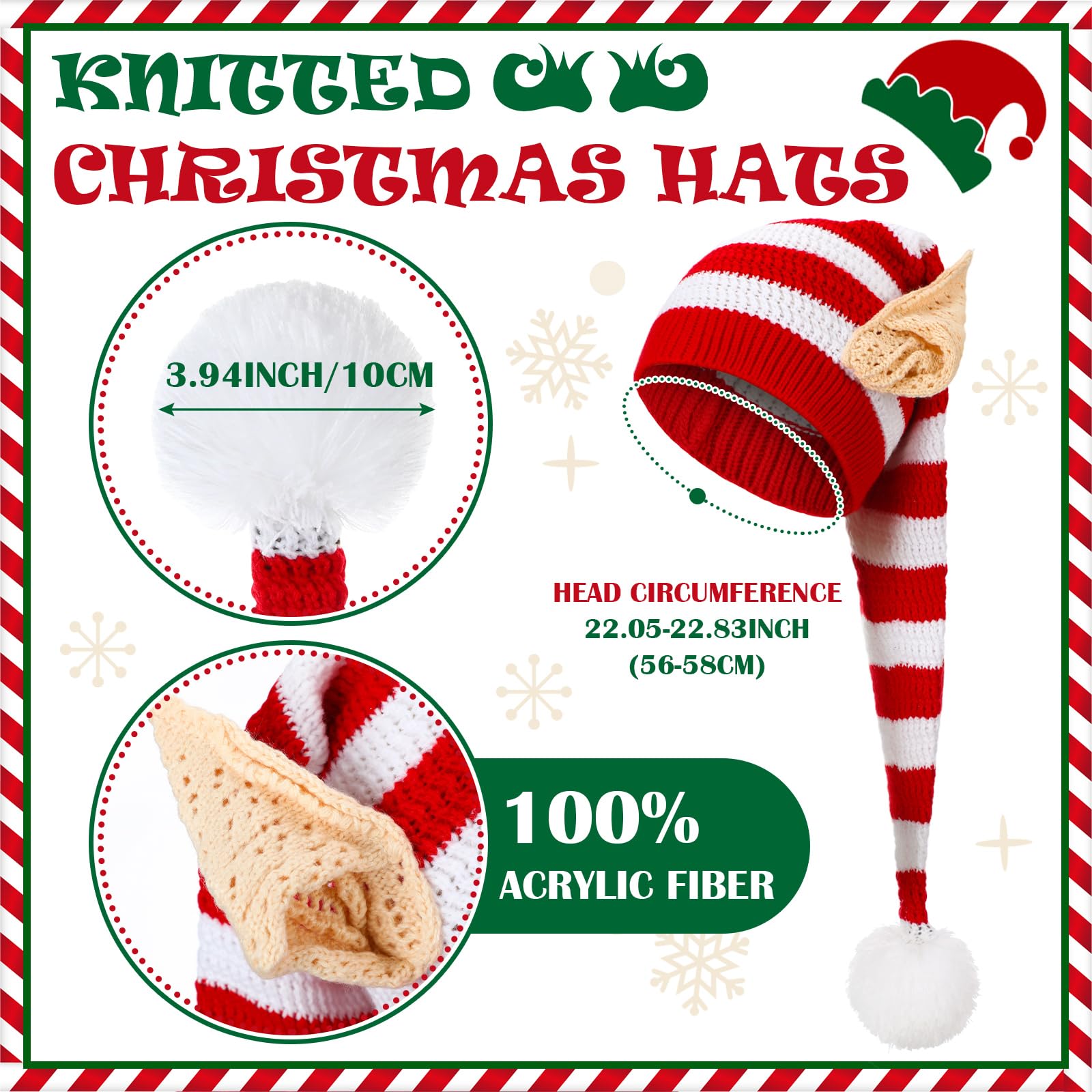Funtery Christmas Knitted Elf Hats with Ears for Kids & Adults - Warm Crochet Long Santa Beanie Hat - Perfect for Holiday Parties, Elf Costume Accessories & Winter Festive Outfits