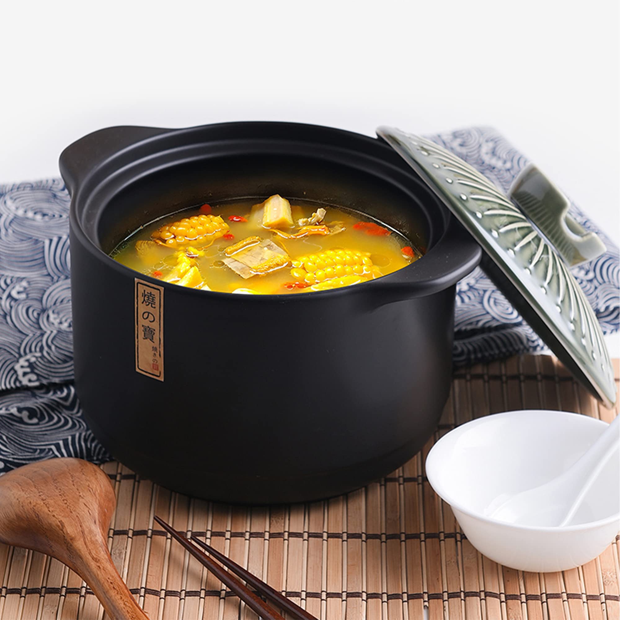Premium Japanese Donabe Clay Pot - 4.2L/4.4QT Traditional Ceramic Casserole with Lid - Authentic Asian Cooking for Hot Pot, Stews & Rice Dishes - Blue Stoneware for Home & Restaurant Use