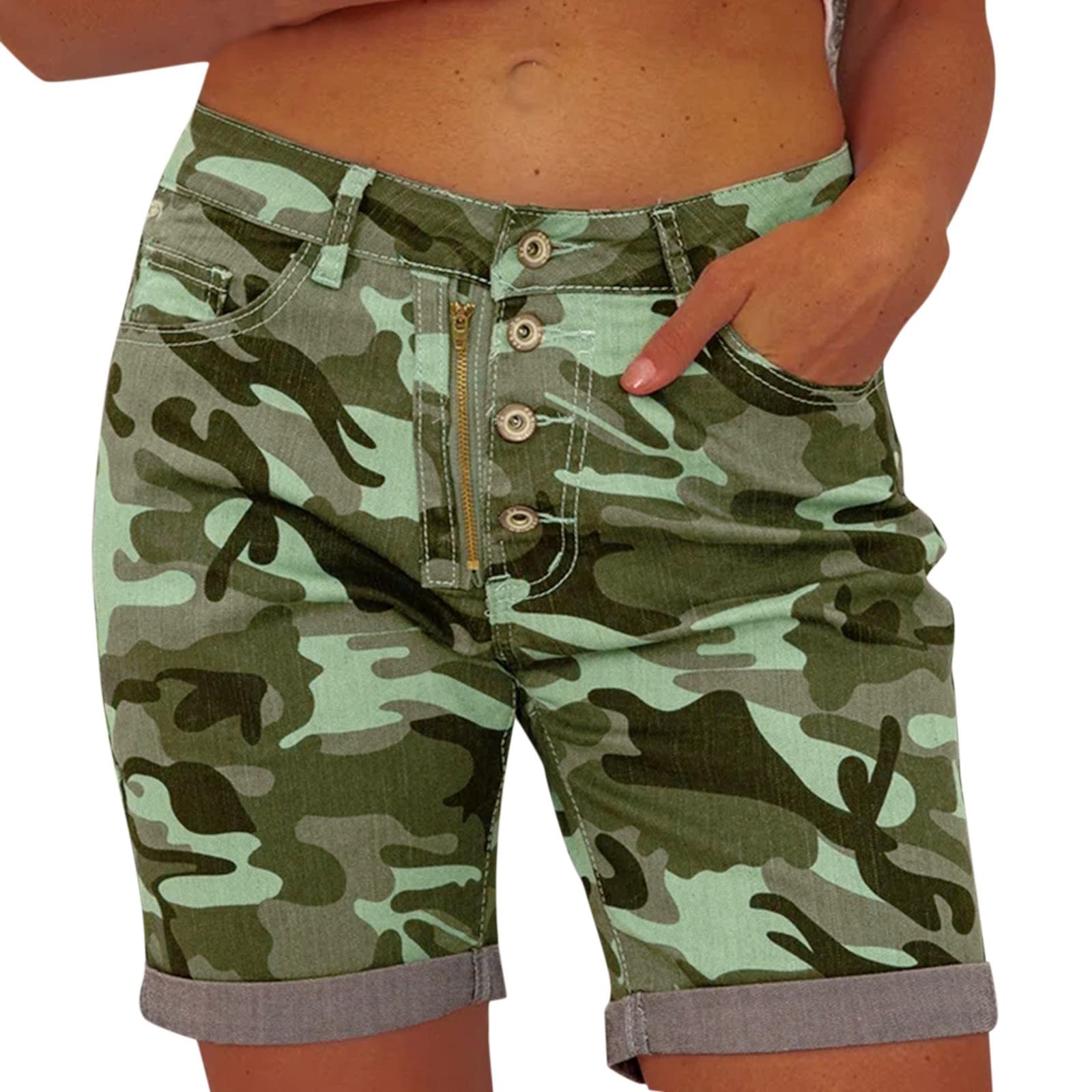 Women's Classic Cut Off Denim Shorts - Mid Rise Stretchy Jean Shorts with Camouflage Print | Comfortable & Elastic Waist | Perfect for Summer, Beach, Casual Outfits & Streetwear Fashion