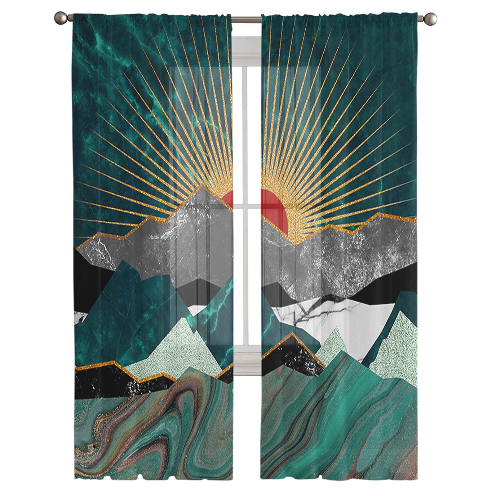 108-Inch Semi-Sheer Kitchen Window Curtain Panels - Sunset Over Green Mountain Peaks Rod Pocket Voile Drapes (Set of 2) | Elegant Window Treatment for Bedroom & Living Room | Perfect for Natural Light Filtering & Home Decor