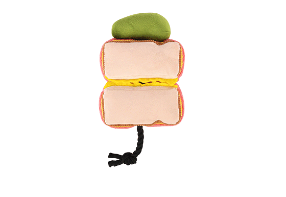 P.L.A.Y. Montreal Munchies Squeaky Plush Dog Toy - Mon Treat Smoked Meat Sandwich Style - Fun Chew Toy for Small & Medium Dogs - Perfect for Playtime, Training & Gifting