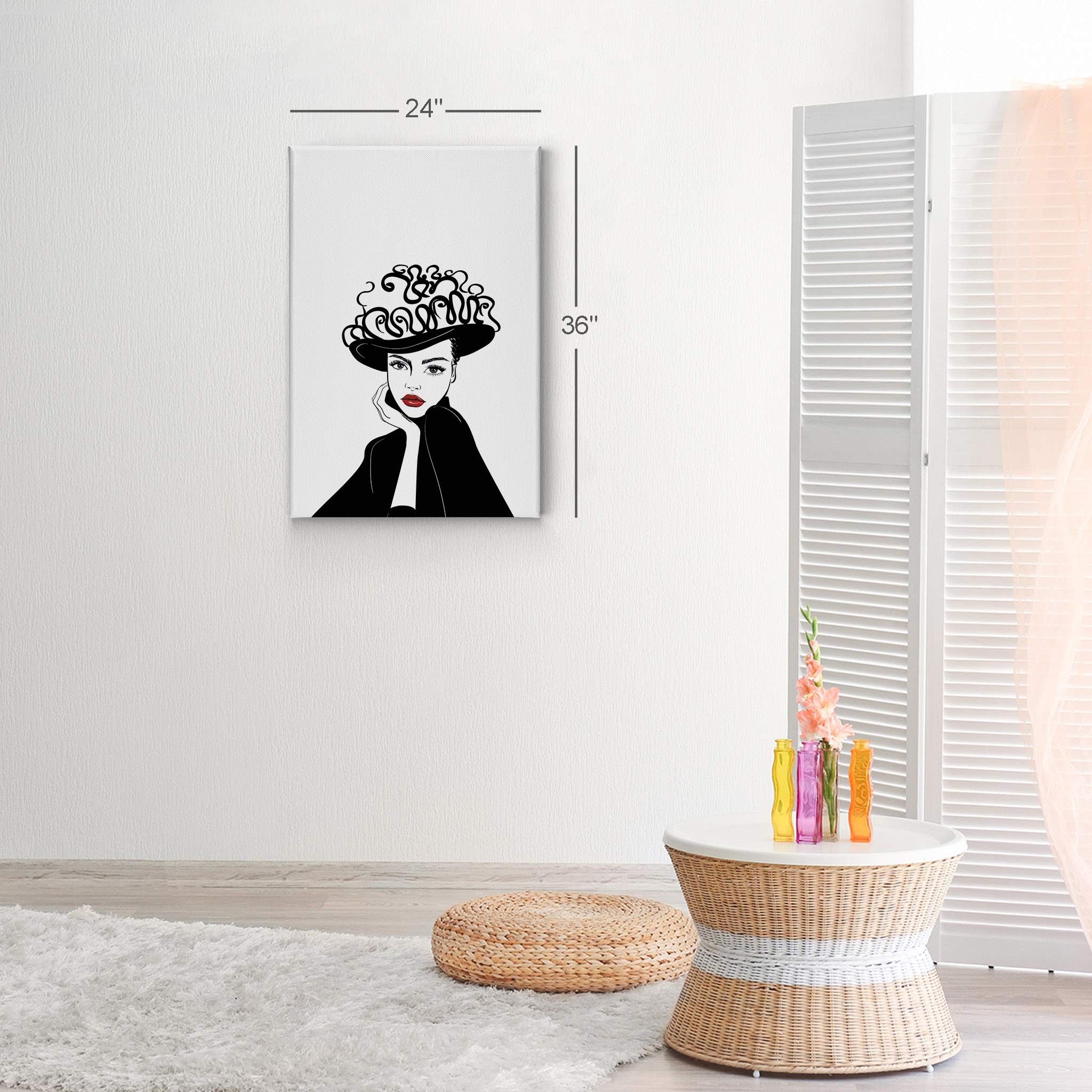 Modern Woman with Black Hat & Red Lips Glam Fashion Canvas Print - Wall Art for Office, Bathroom, Teen Girls Room, Women's Dorm, Bedroom & Living Room Decor - Ready to Hang 40x30 Inches - Perfect for Home & Office Aesthetic Enhancement