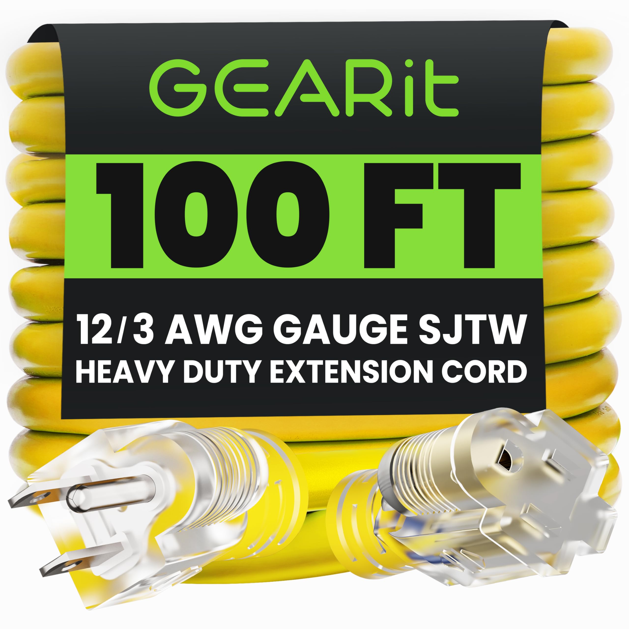 **GEARit Outdoor 12 AWG Heavy Duty Extension Cord – 100 Feet, 3 Prong Plug, SJEOW 12/3, LED Lighted Plug, Weather-Resistant Rubber Jacket for Indoor & Outdoor Use – Perfect for Construction, Workshops, and Outdoor Power Tools**