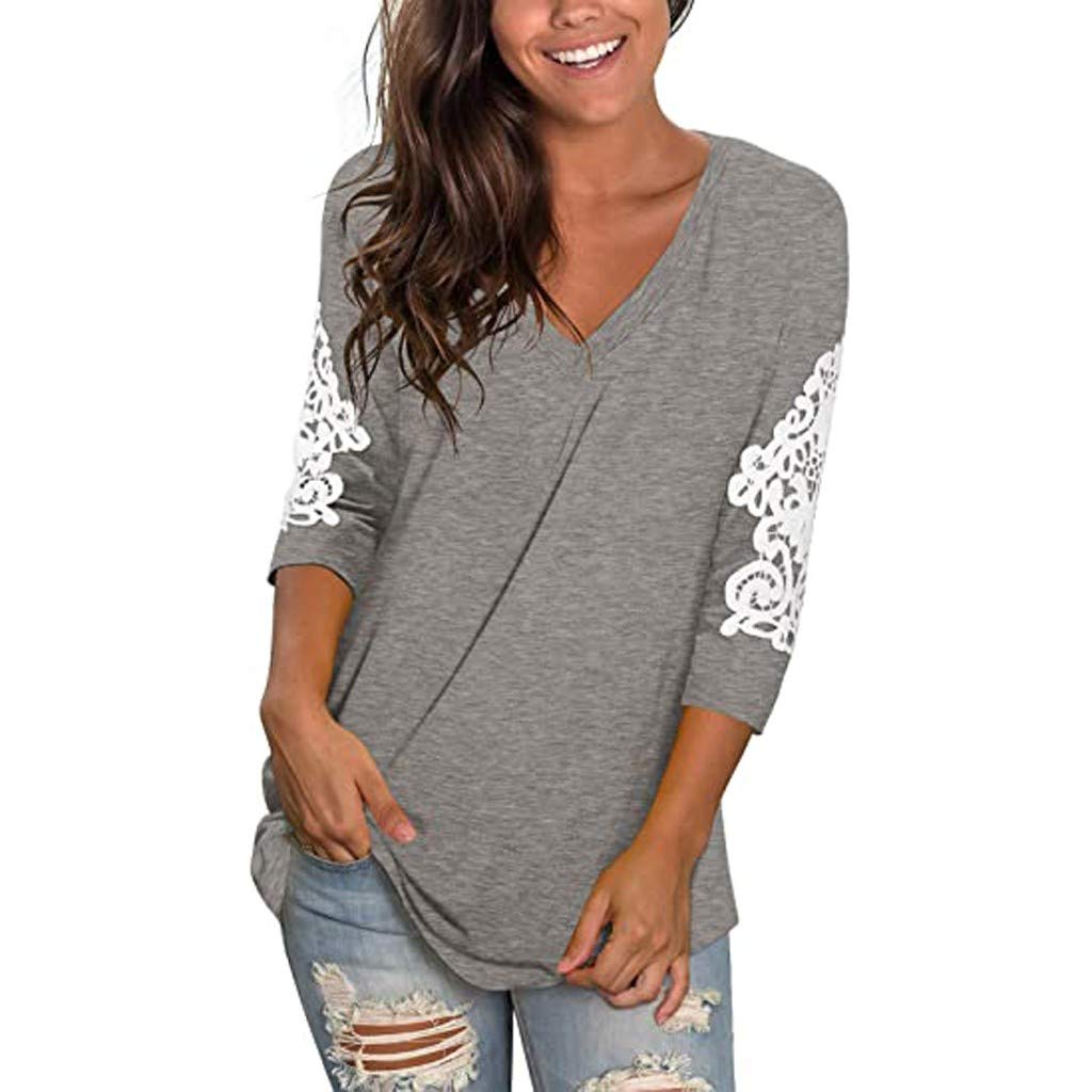 Women's V-Neck Lace Long Sleeve Casual T-Shirt - Loose Fit Blouse for Everyday Wear, Date Night & Office Outfits