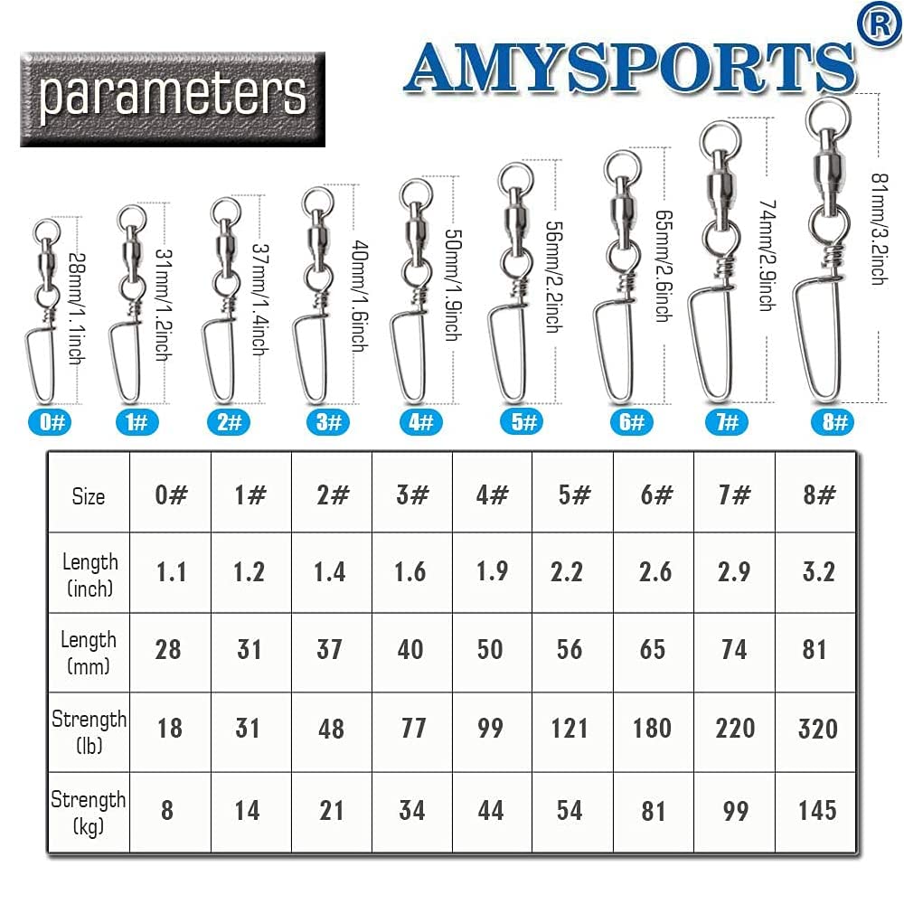 AMYSPORTS High Strength Fishing Snap Swivels - Ball Bearing Stainless Steel Swivels with Saltwater Corrosion Resistance - Barrel Swivel for Freshwater & Saltwater Fishing - Perfect for Bass, Trout, and Deep Sea Fishing