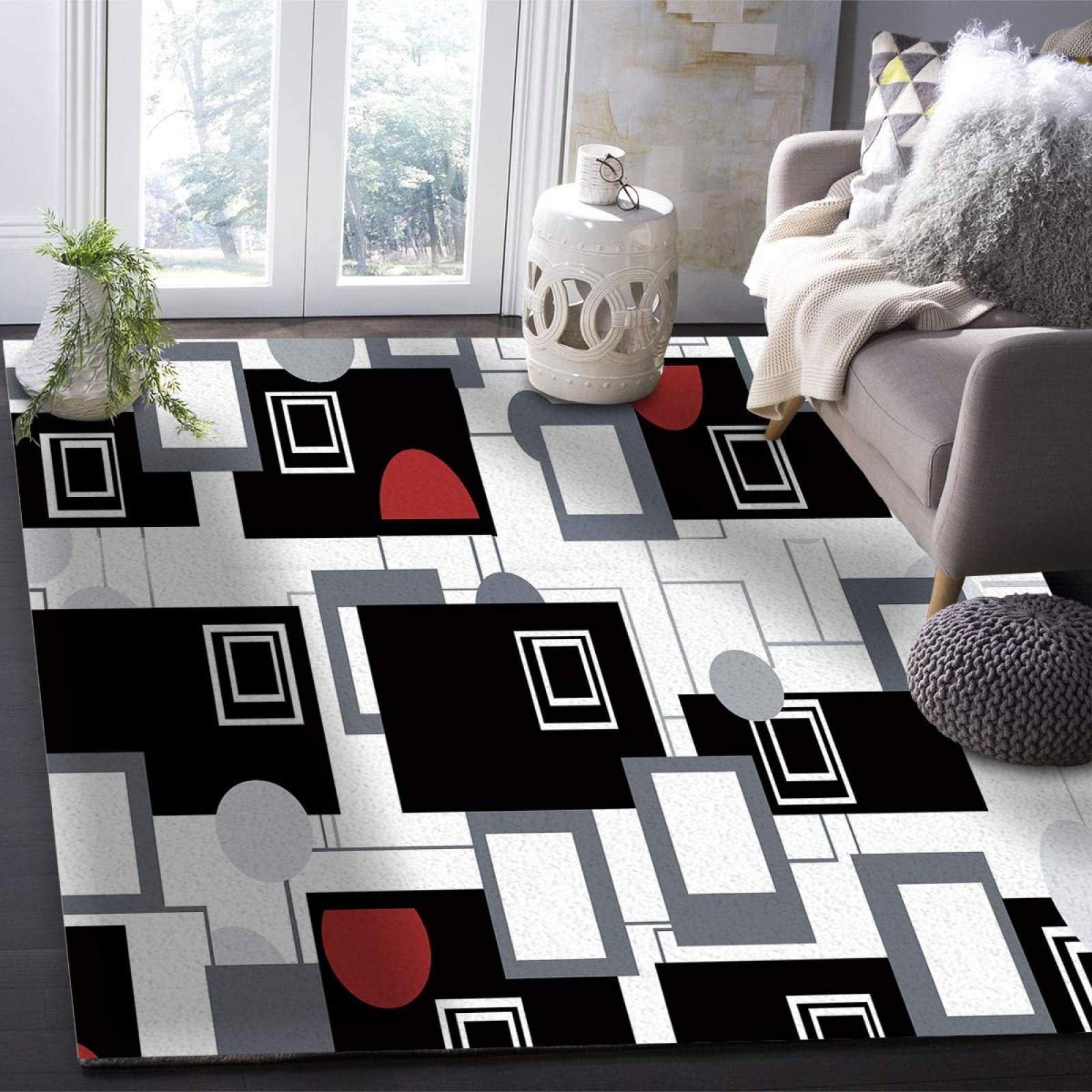 Abstract Black and White Geometric Area Rug - Nordic Minimalist Washable Carpet with Non-Slip Backing - 6x4 Feet for Kids Bedroom, Living Room, Dining Room & Study - Perfect for Modern Home Decor and Cozy Spaces