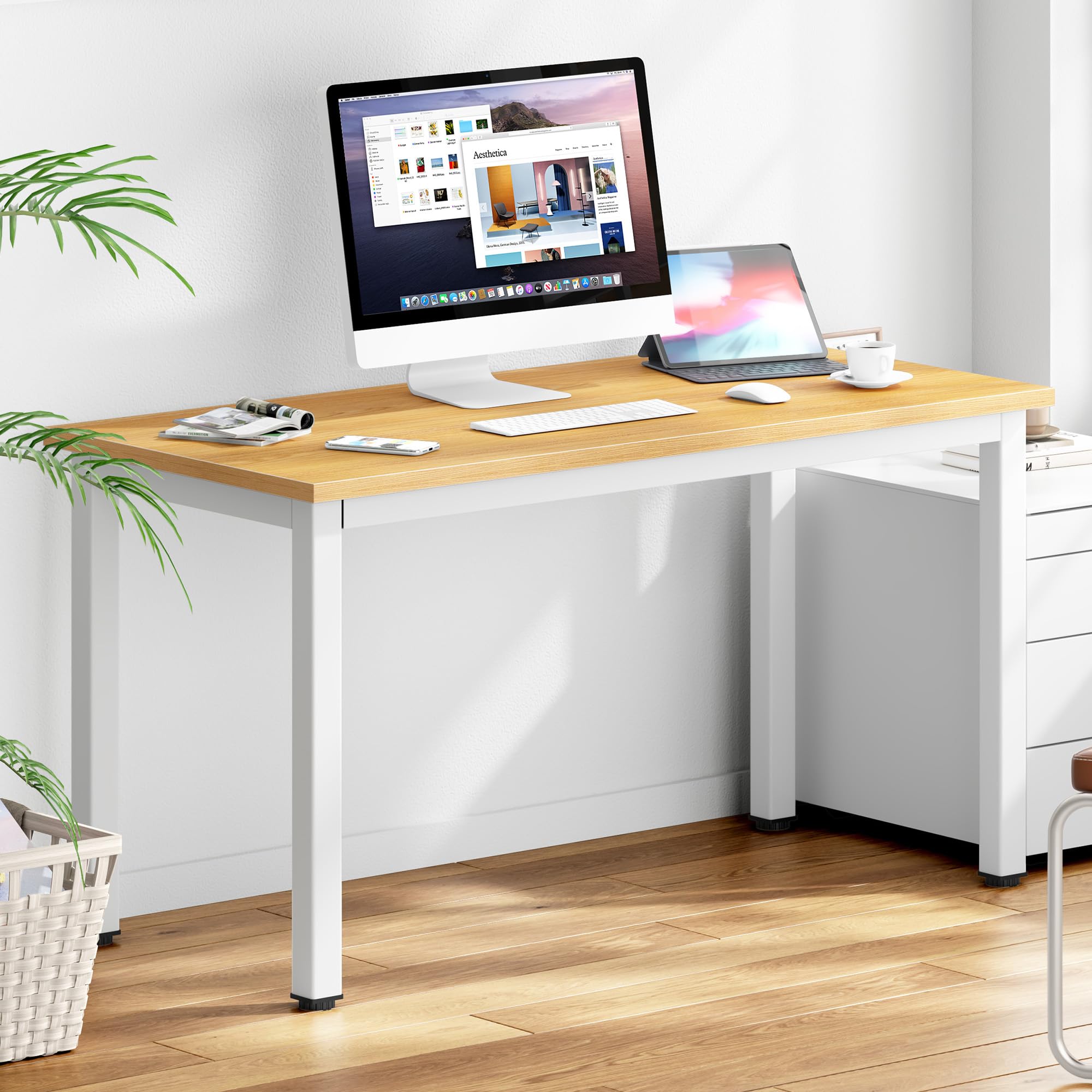 DlandHome 47-inch Medium Computer Desk for Home Office - Sturdy Composite Wood Board Workstation with Teak & White Legs (1 Pack) - Perfect for Small Spaces, Remote Work & Study