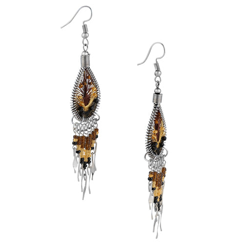 Stainless Steel Peruvian Brown Silk Thread Beaded Dangle Earrings | Handmade Boho Jewelry for Women | Perfect for Parties, Weddings & Everyday Wear