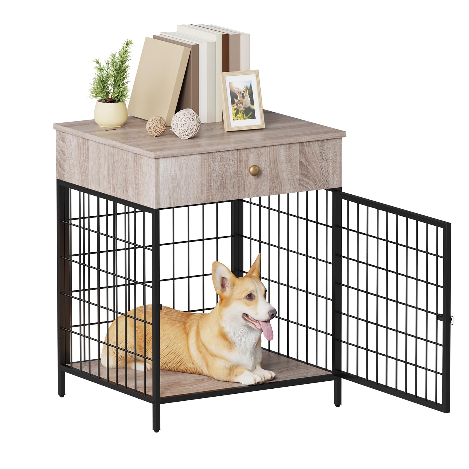 Grey Steel-Tube Dog Kennel Table with Storage Drawer - Chew-Proof Indoor Pet Crate End Table for Small Dogs | Perfect for Living Room, Bedroom & Apartment Pet Furniture