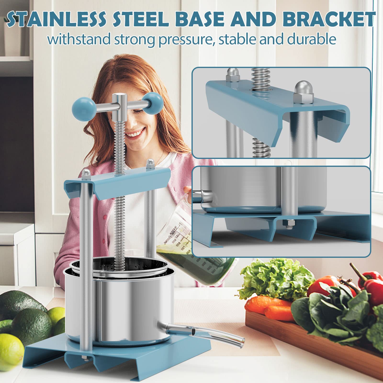Premium Manual Fruit Press 1.6 Gallon (6L) - Stainless Steel & Iron Juice Extractor for Wine, Cider, Cheese, Herbs - Ergonomic Power Ball Handle - Perfect for Home Brewing, Olive Oil Extraction & Kitchen Use