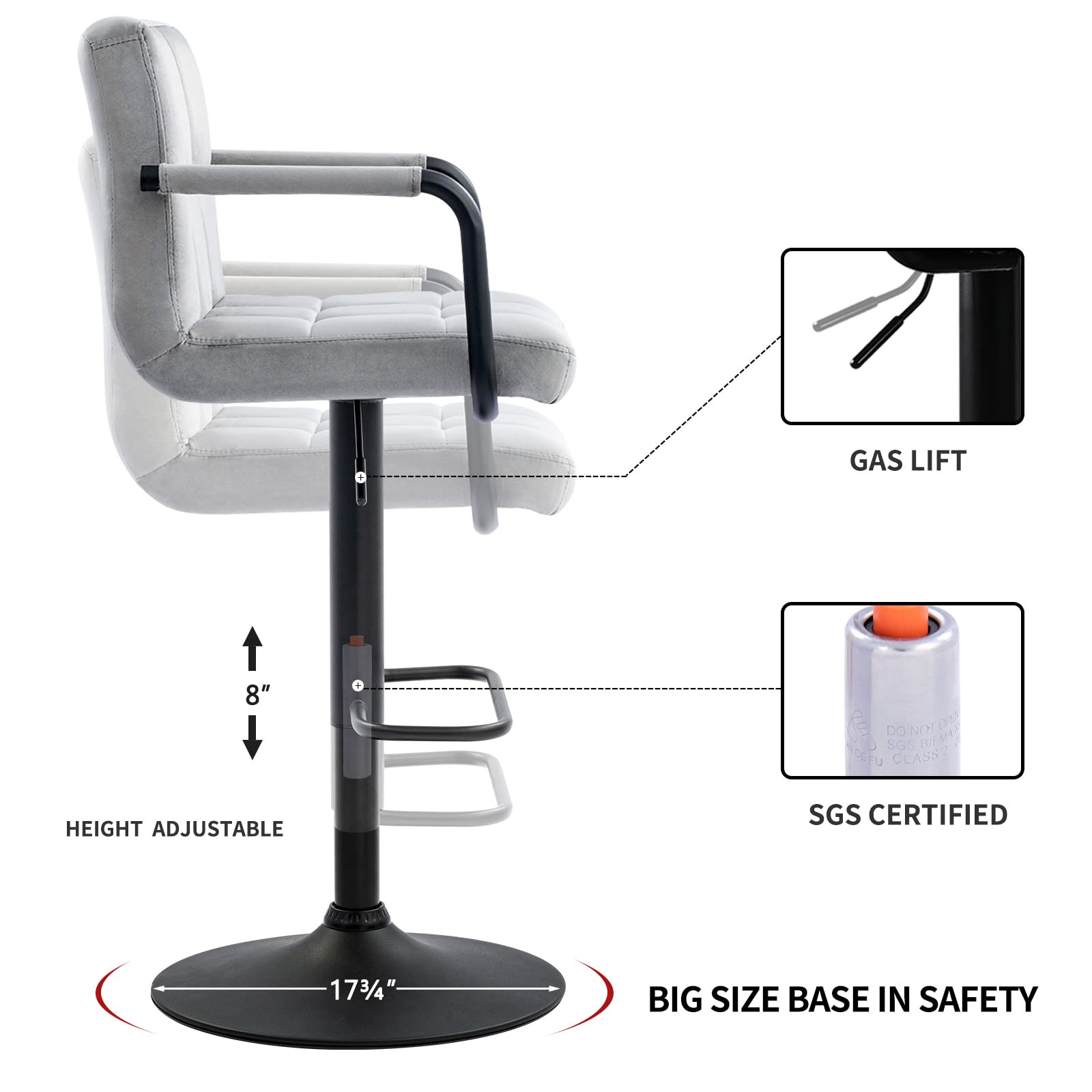 Furnimart Adjustable Swivel Bar Stools Set of 2 - Upholstered Counter Height Bar Chairs with Armrest & Footrest, Velvet Grey - Perfect for Kitchen Island, Breakfast Bar & Dining Room