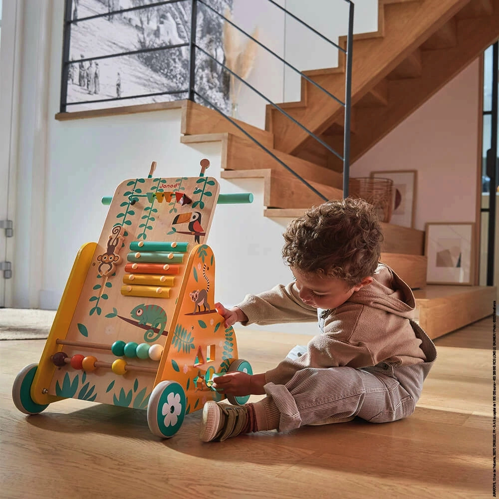 Janod Tropik Multi-Activity Wooden Baby Push Walker Toy - Educational Learning & Play for Toddlers 12-36 Months - Perfect for Indoor & Outdoor Use