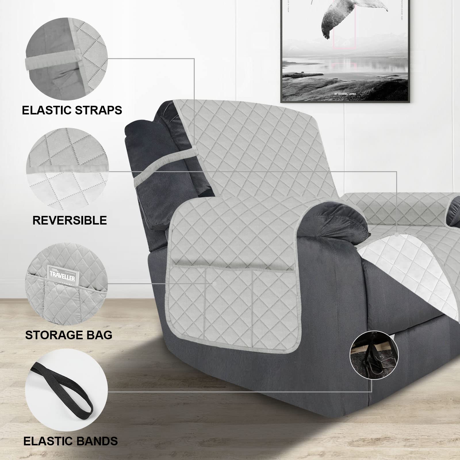 Deeky Recliner Chair Covers for Large Recliners - Reversible Water-Resistant Slipcovers with Elastic Straps (Light Gray/Ivory) - Perfect for Pet Owners & Sofa Protection - Ideal for Living Rooms, Home Theaters & Family Gatherings