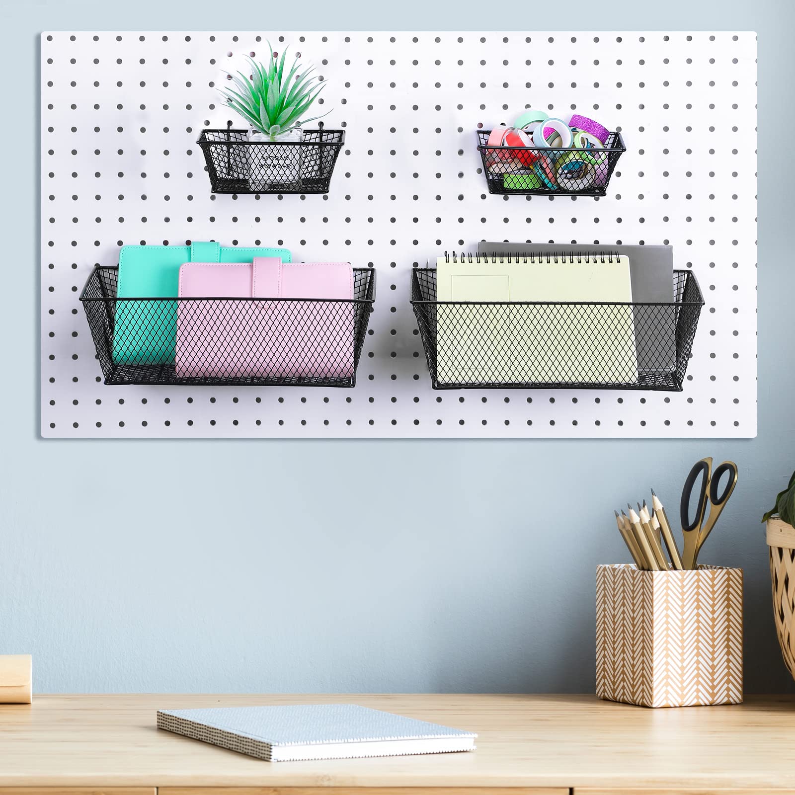 Sieral 4-Pack Black Pegboard Baskets - Metal Wire Shelf Organizers for Pegboard Wall Mount - Small & Large Size Tool Storage Accessories - Perfect for Garage, Workbench, Kitchen & Pantry Organization