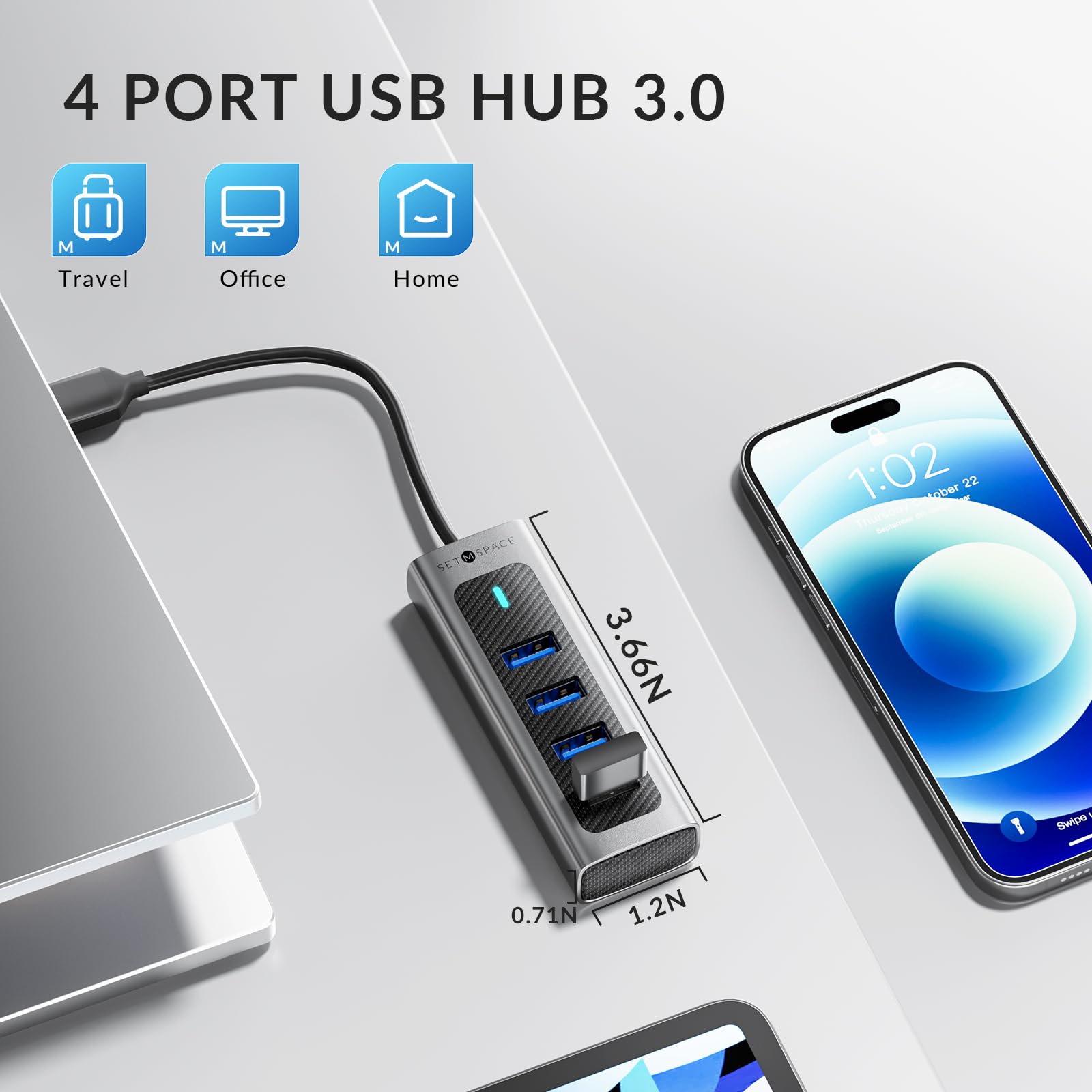 4-Port USB 3.0 Hub with 5Gbps High-Speed Data Transfer, Aluminum USB Splitter Expander with 5.9in USB A Cable - Perfect for Laptop, PC, PS4, Mac & More (Home Office, Gaming & Workspace Setup)