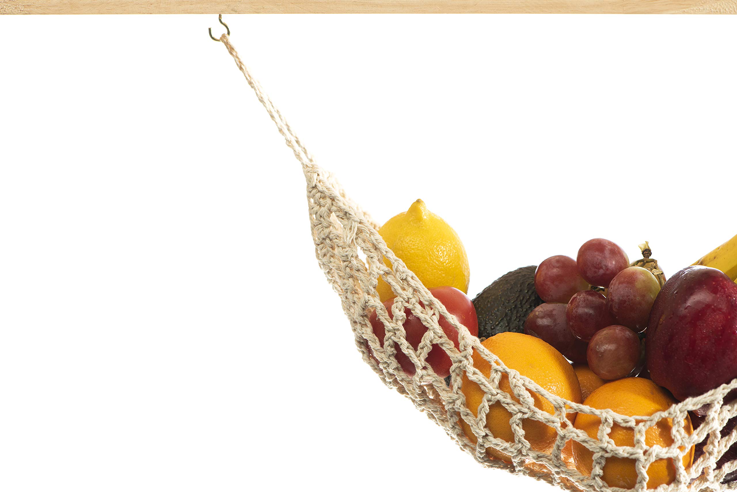 3 Pack Hanging Fruit Hammock - 3 Handwoven Cotton Vegetable & Banana Storage Baskets with 6 Hooks - Space Saving Kitchen Organizer for Counter, Cabinet, RV or Boat - Perfect for Storing Fruits, Vegetables & Kitchen Essentials