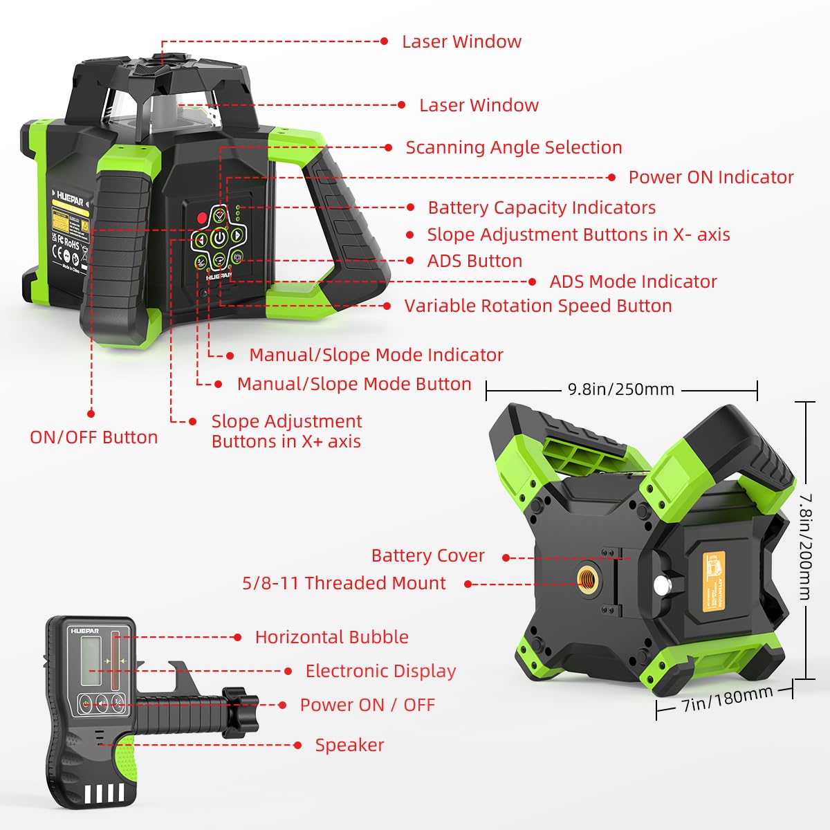 Huepar RL300HR Self-Leveling 360° Rotary Laser Level Kit with Receiver, Protective Glasses, Li-ion Battery & Hard Case - Horizontal Laser Beam for Indoor/Outdoor Construction, Flooring, Tile Installation & Landscaping Projects