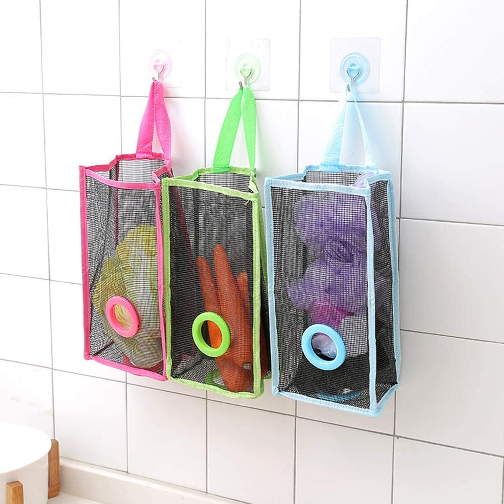 2 Pack Plastic Hanging Bag Holder with Seamless Hooks - Foldable Storage Mesh Trash Bag Dispenser Organizer for Kitchen, Bathroom & Grocery Bags - Space Saving Solution for Home Organization