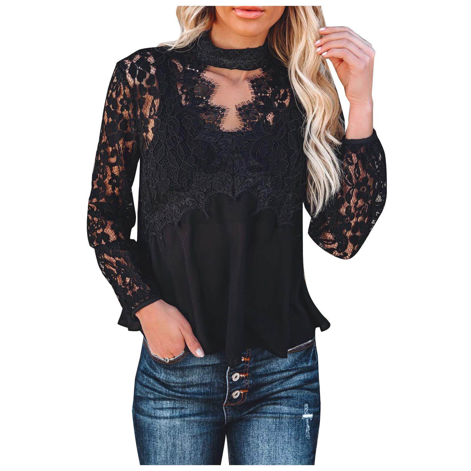 YaYiYa Women's Lace Tops - Summer & Fall Casual Graphic Print Long Sleeve Crewneck T-Shirts | Trendy Tees for Women | Perfect for Office, Dating & Weekend Outfits