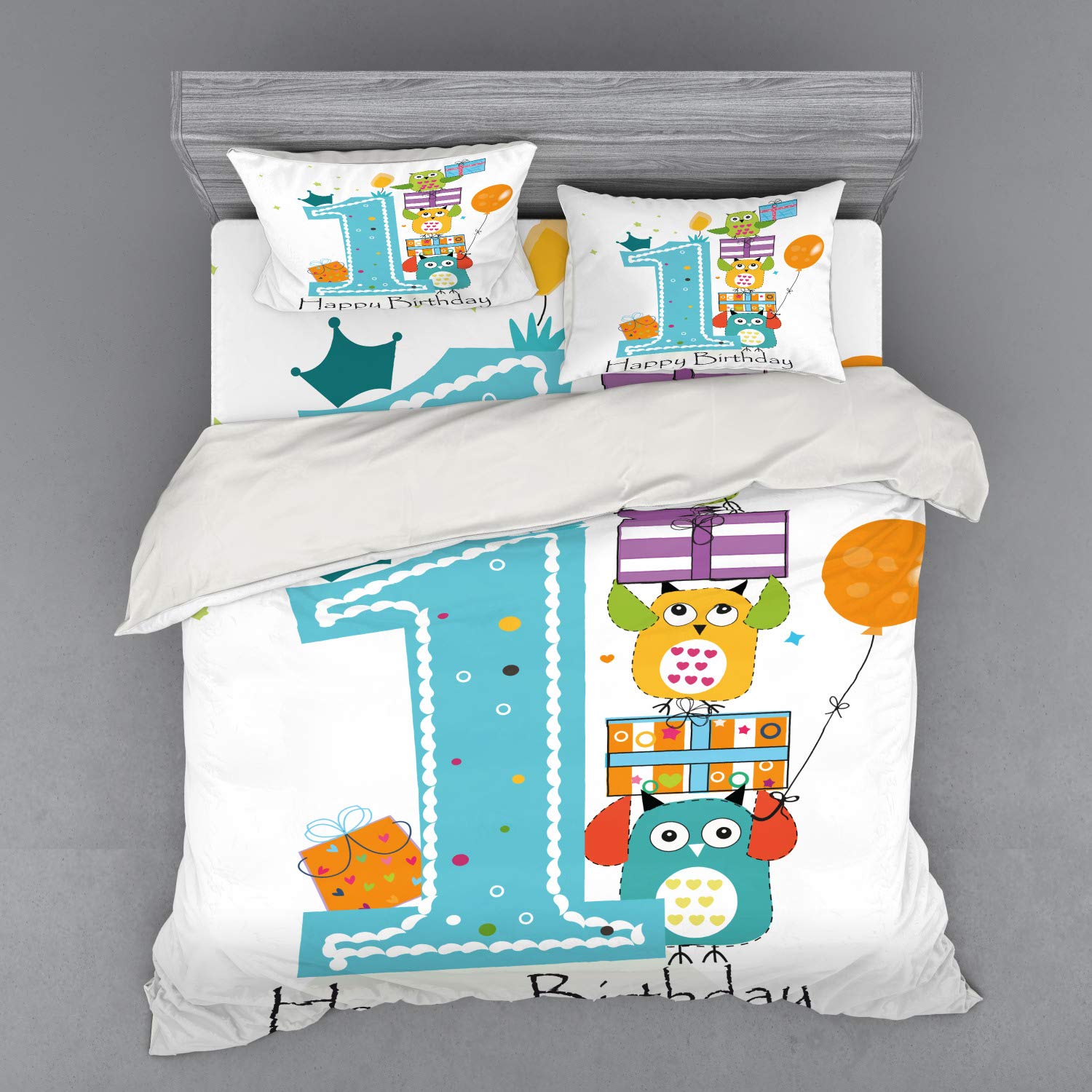 Ambesonne 1st Birthday Duvet Cover Set - First Cake with Candle Owls Family Party Theme Print, 4 Piece King Size Bedding Set with Shams & Fitted Sheet in Sky Blue & Orange - Perfect for Baby's First Birthday Decorations & Nursery Room