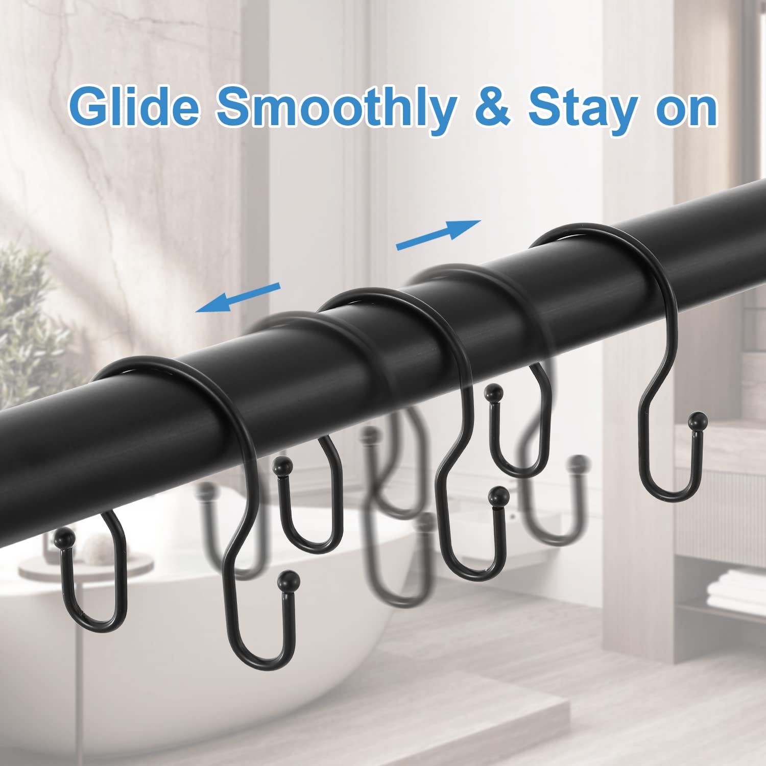 24 Pack TENOVEL Double Sided Shower Curtain Hooks - Rust Proof Stainless Steel Bathroom Hangers for Shower Rods - Matte Black Finish - Perfect for Bathroom Organization and Home Decor