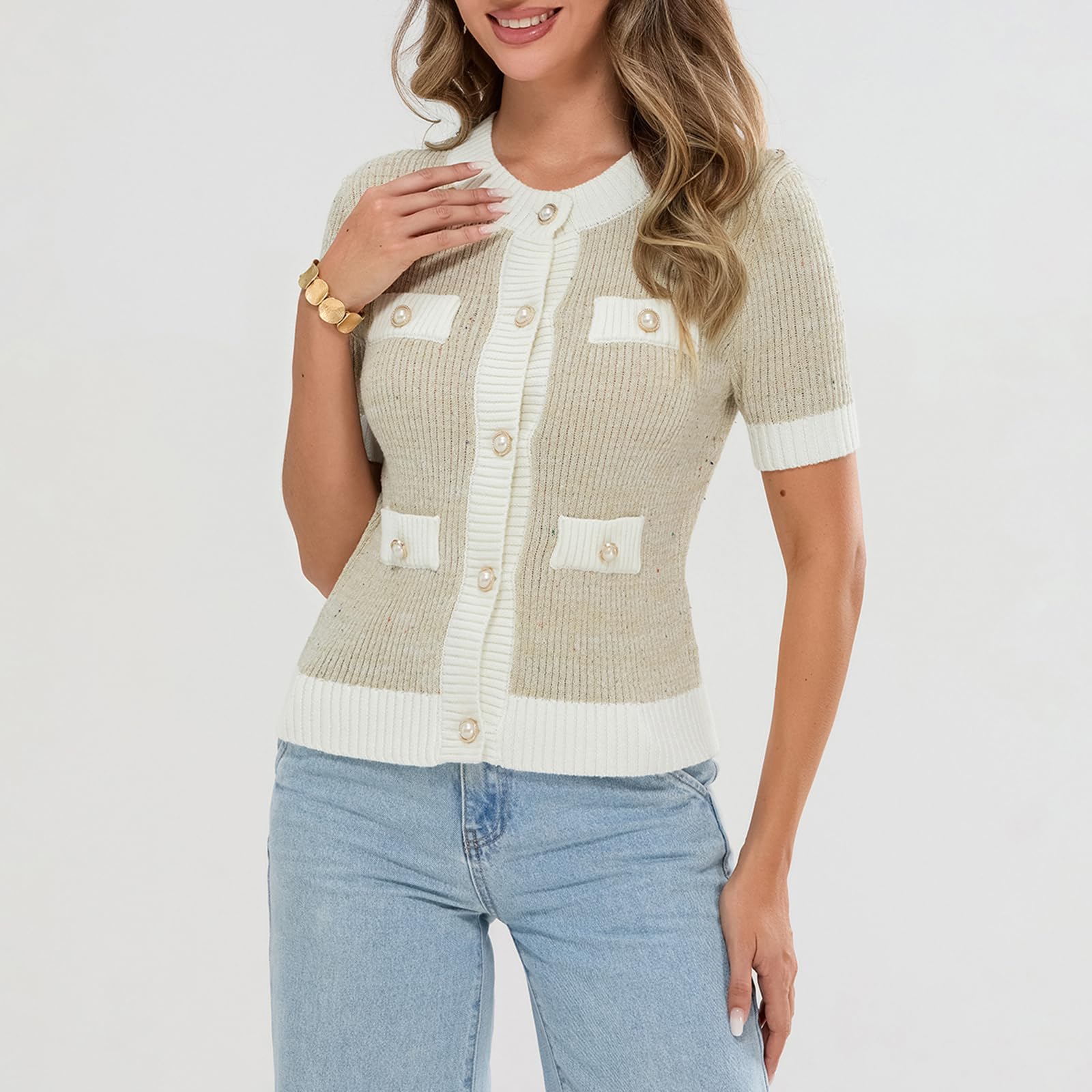 Women's Lightweight Cropped Short Sleeve Button Down Cardigan Sweater - Elegant Crew Neck Knit Top with Pockets | Perfect for Office Wear, Spring Layering & Casual Outfits