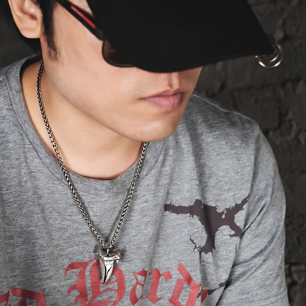 Men's Shark Tooth Pendant Necklace - 925 Sterling Silver Gothic Jewelry with Extended Keel Chain | Cool Retro Style Accessory for Men | Perfect for Halloween, Punk Fashion & Everyday Wear