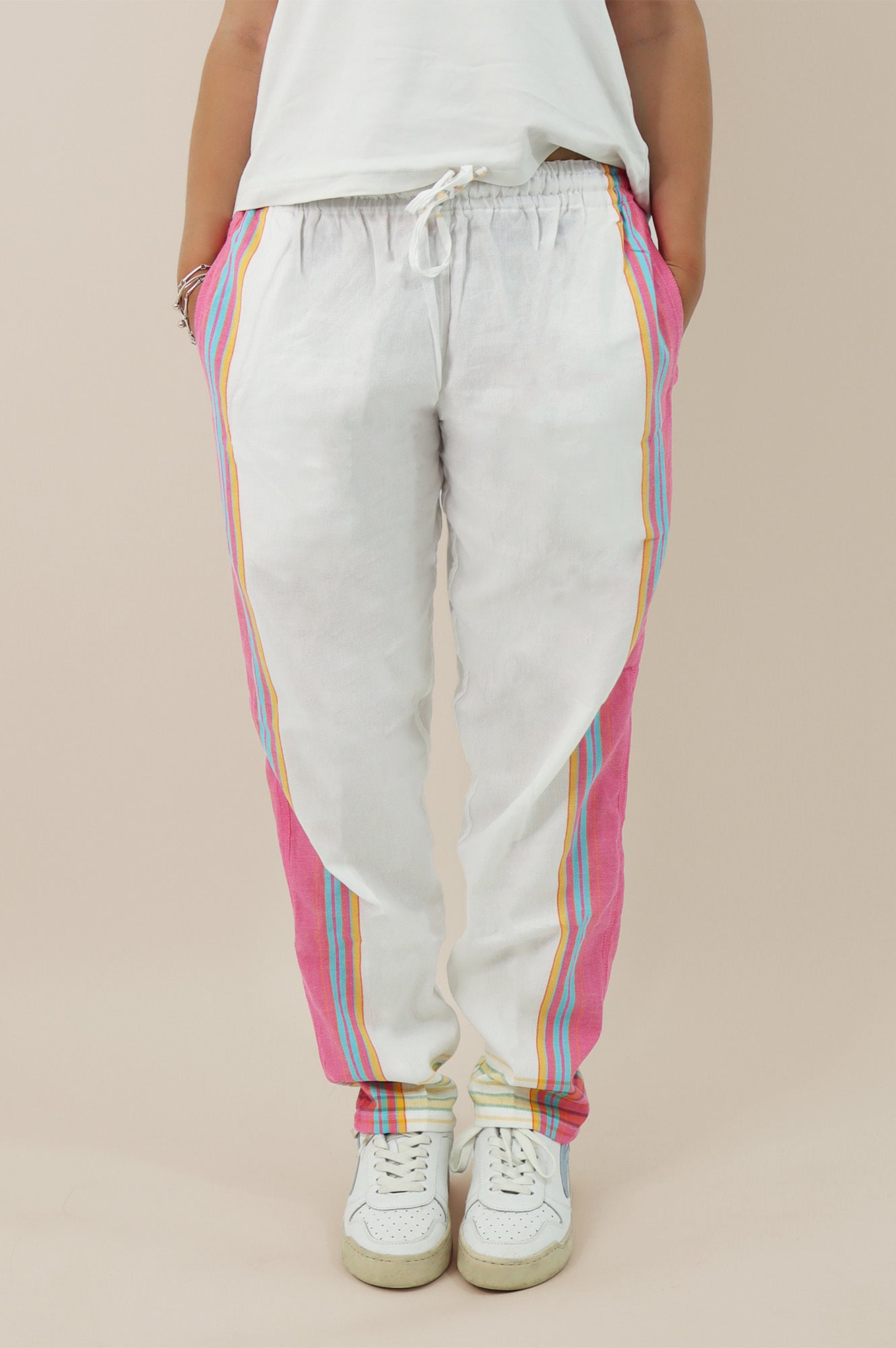Unisex Kikoy Pants for Men & Women - Comfortable Cotton Beachwear & Lounge Pants in White & Pink - Perfect for Vacation, Yoga, and Summer Outfits