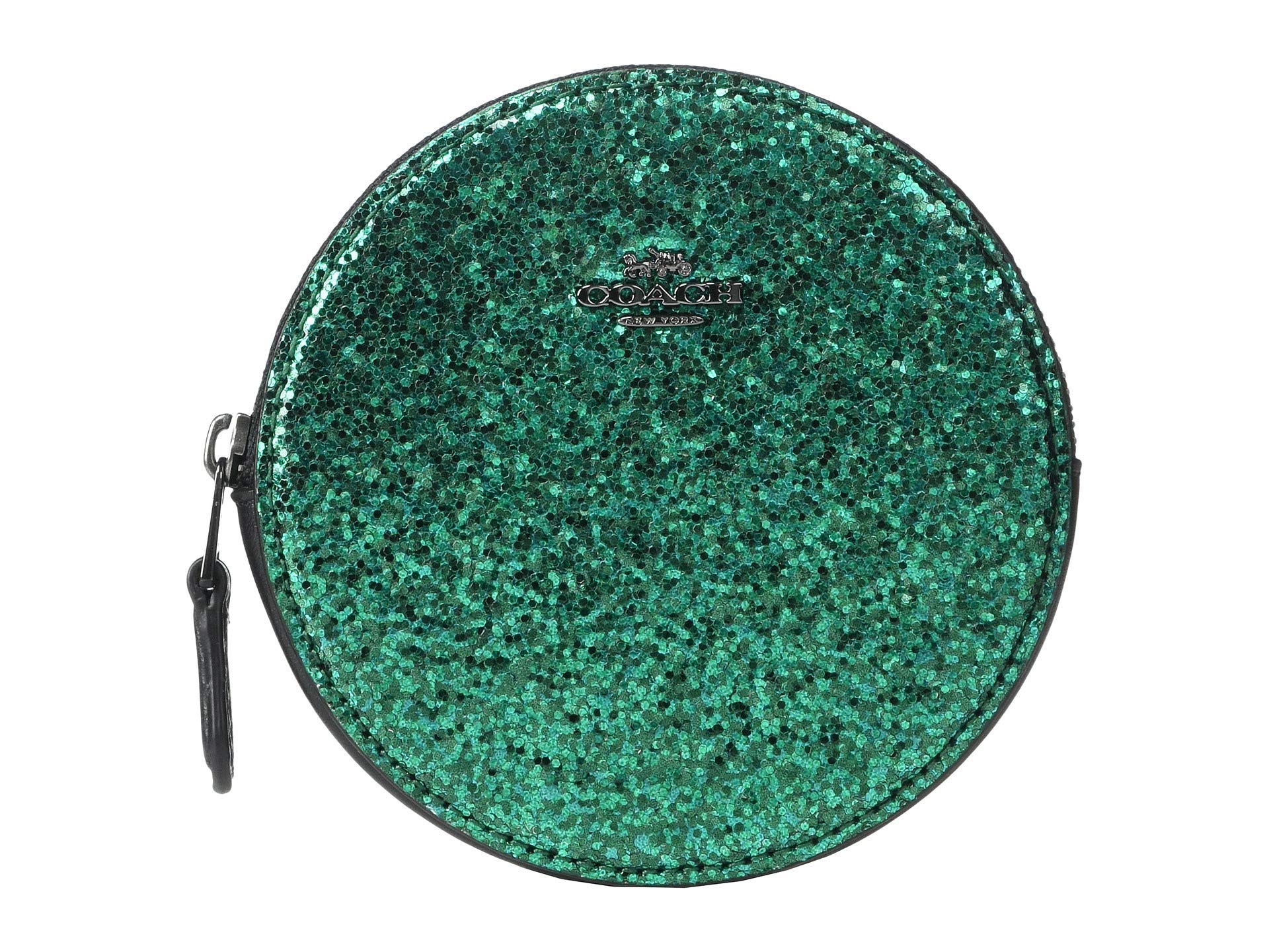 COACH Round Coin Case Wallet - Emerald Green & Gunmetal - Small Leather Card Holder for Women - Perfect for Cash, Cards & Keys - Ideal for Everyday Use, Travel & Gifting