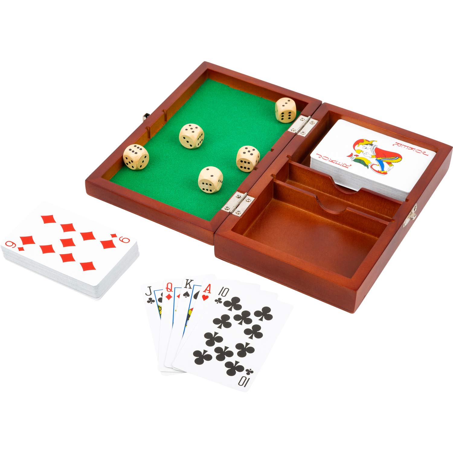 Small Foot 11363 Jeu de Cartes et Dés - Ensemble de 2 Jeux de Cartes et 5 Dés avec Boîte de Rangement - Idéal pour Voyages, Fêtes et Jeux en Famille
