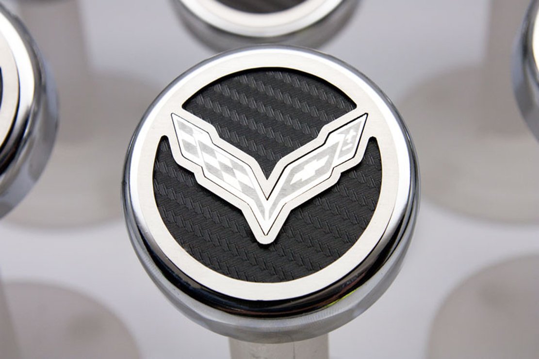 American Car Craft 053013-ORG Orange Carbon Fiber Fluid Cap Cover Set - 5 Piece Corvette Flag Emblem Accessories | Engine Bay Upgrade for Corvette C5 C6 C7 Stingray Z06 ZR1