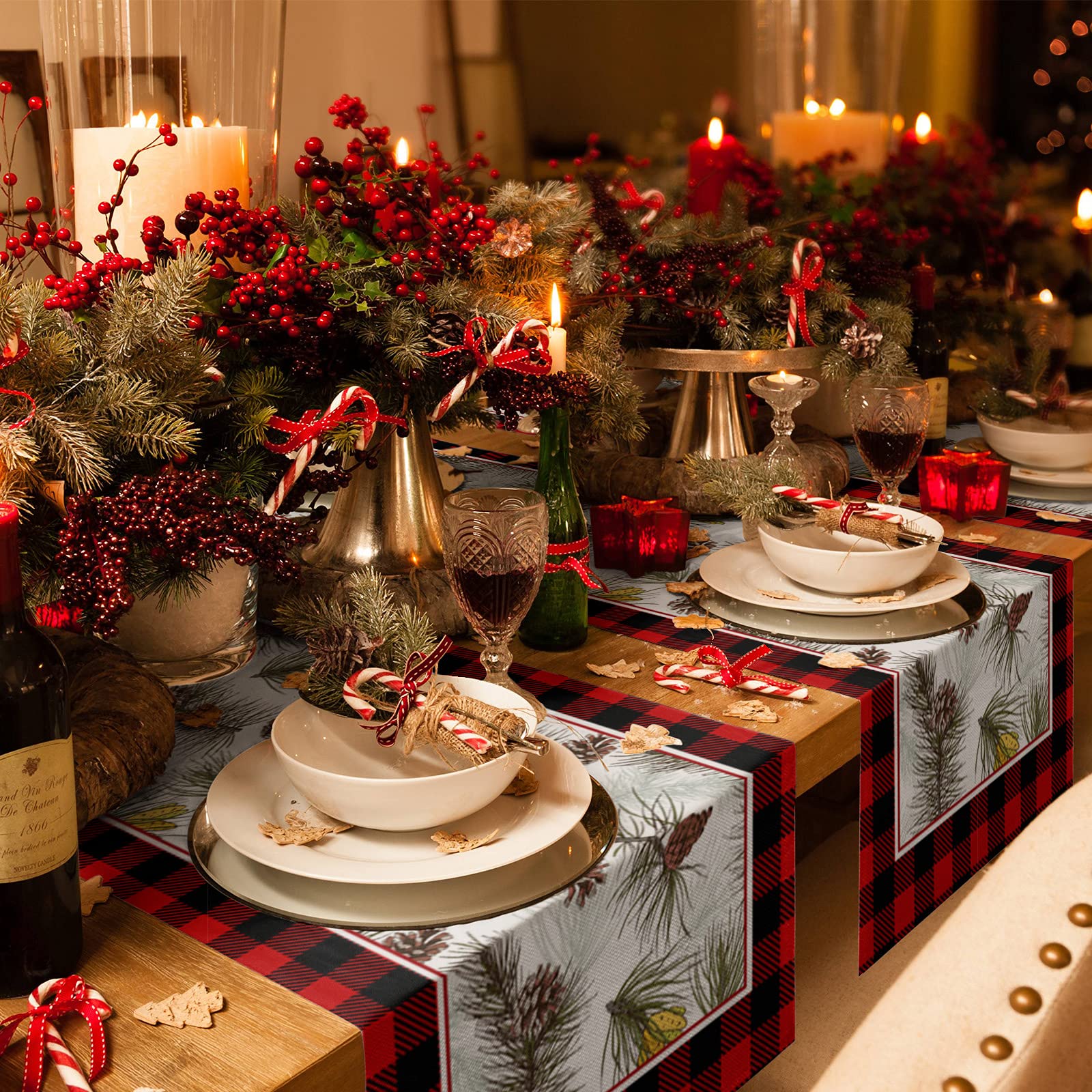 Christmas Cotton Linen Table Runner - Buffalo Plaid Pine Tree Design Holiday Decor for Dining Table, Kitchen, Farmhouse - 13x70 Inch (Perfect for Christmas Dinner, Party Decorations & Festive Home Styling)