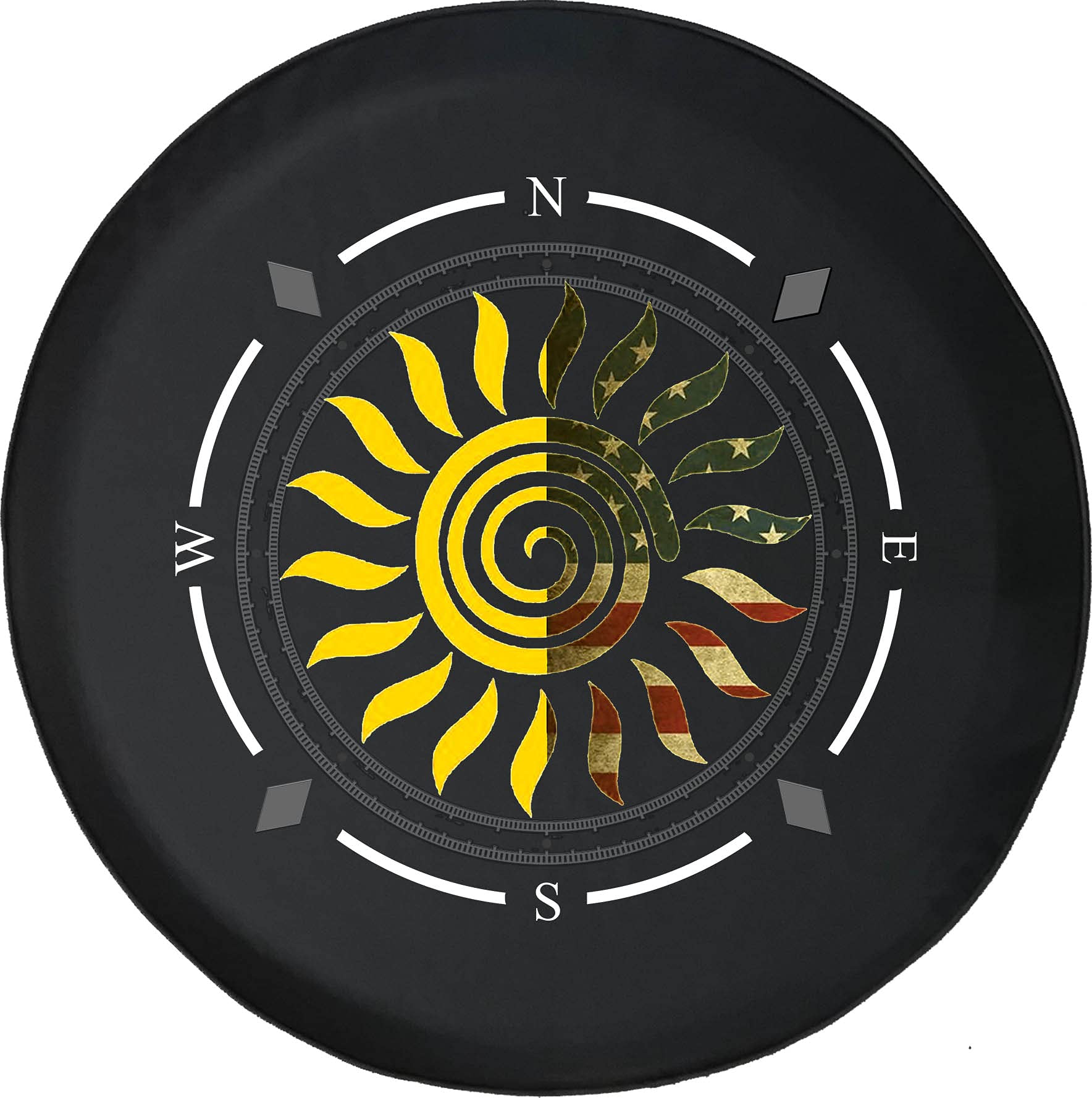 American Flag Spare Tire Cover with Compass & Sun Design - Universal Fit for SUV, Trailer, RV & Most Vehicles - Durable Wheel Protector for Outdoor Adventures & Road Trips