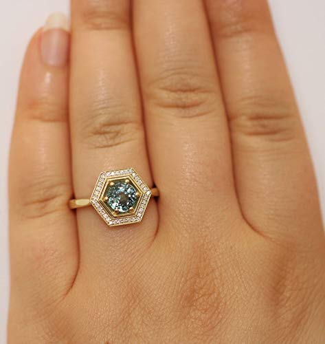 Hexagon Teal Montana Sapphire Ring - Natural Blue Green Unheated Sapphire Engagement Ring for Women - Custom Handmade Jewelry Gift for Anniversary, Proposal & Special Occasions
