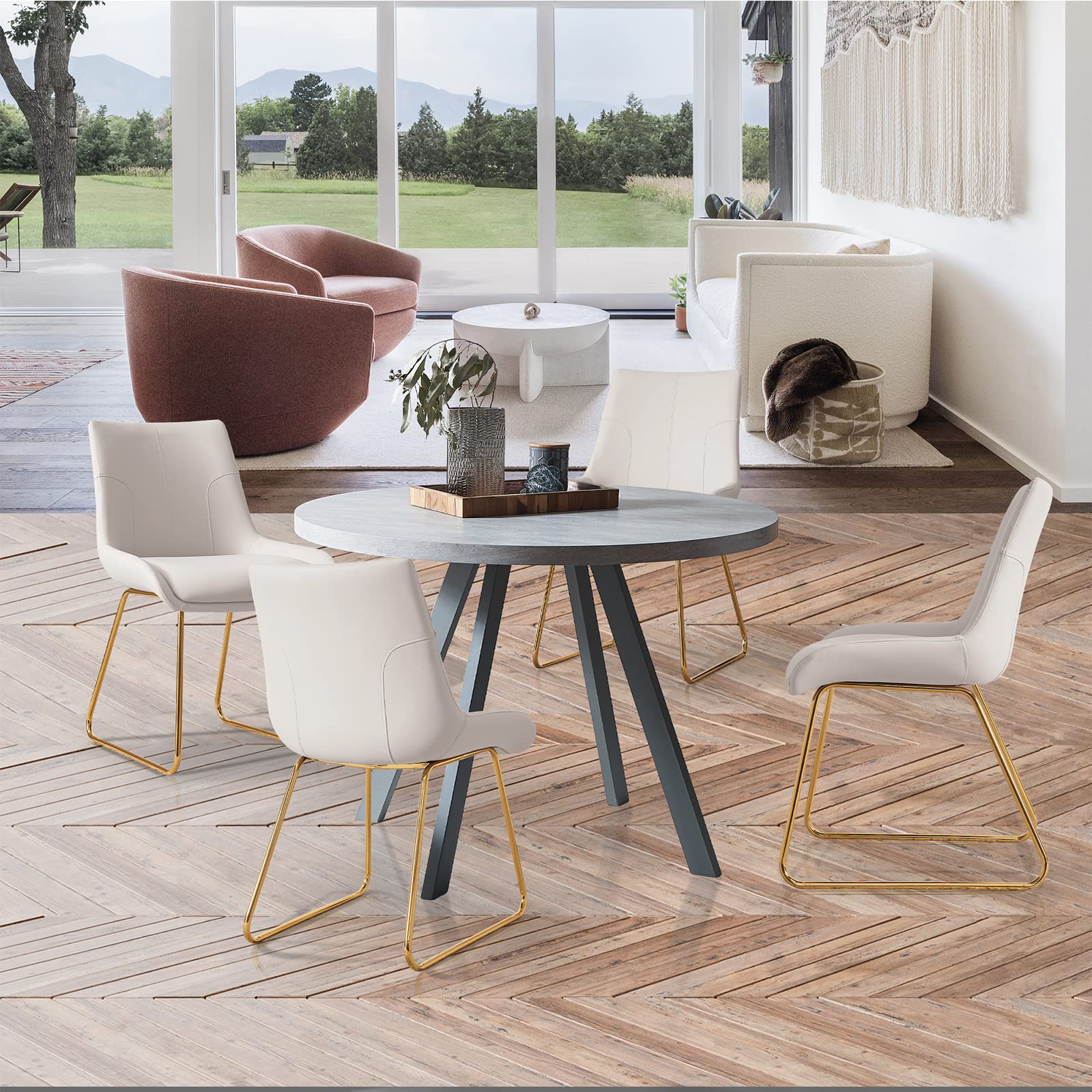 Mid Century Modern Dining Chair Set of 4 - Faux Leather Upholstered Kitchen Side Chairs with Gold Metal Legs | Comfortable Seating for Dining Room, Kitchen, Breakfast Nook & Small Spaces