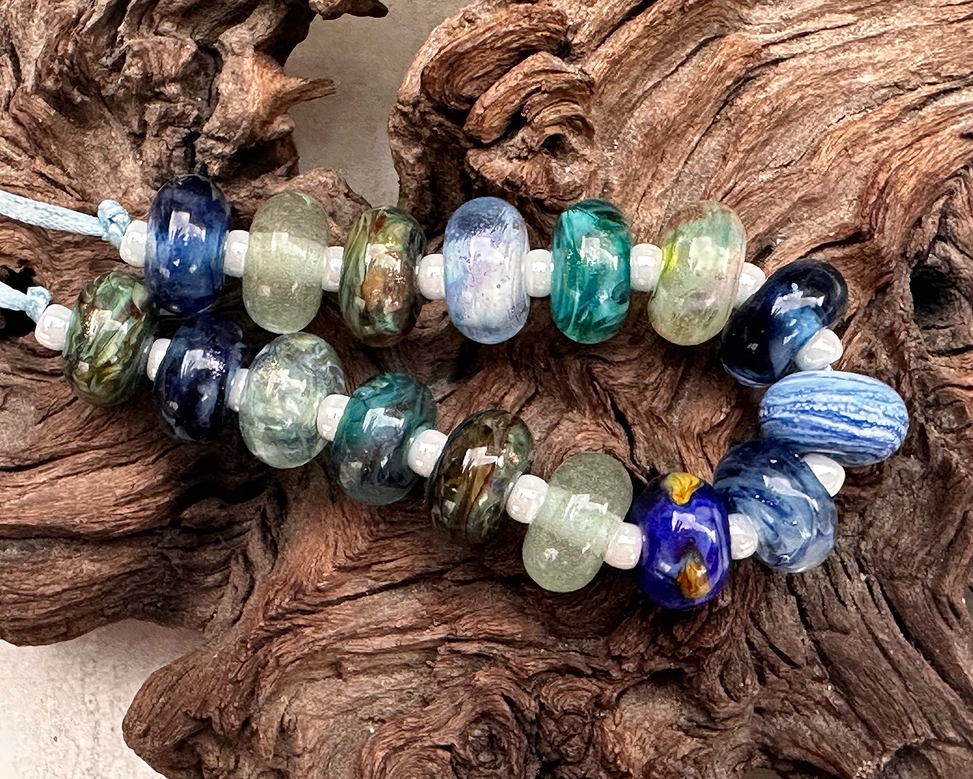 16pcs Blue Green Handmade Lampwork Glass Beads for Jewelry Making - DIY Bracelets, Necklaces & Craft Projects - SRA Certified Artisan Beads